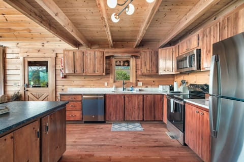 Modern kitchen equipped with sleek stainless steel appliances for a stylish and functional space.