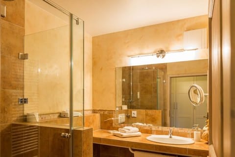 Combined shower/tub, hair dryer, towels