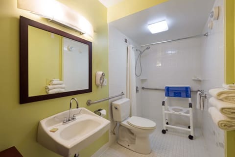 Combined shower/tub, free toiletries, hair dryer, towels