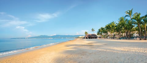 On the beach, sun loungers, beach towels, windsurfing