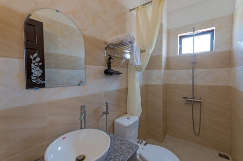 Shower, hydromassage showerhead, free toiletries, hair dryer