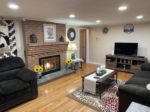 Living room with fireplace, looking from front entrance