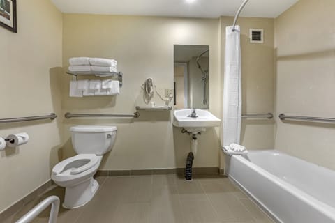 Combined shower/tub, free toiletries, hair dryer, towels