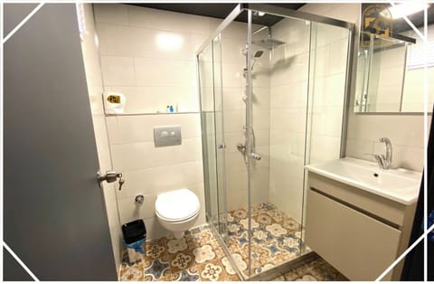 Shower, hydromassage showerhead, free toiletries, hair dryer