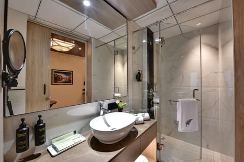 Premium Room, 1 King Bed | Bathroom | Shower, rainfall showerhead, hair dryer, slippers