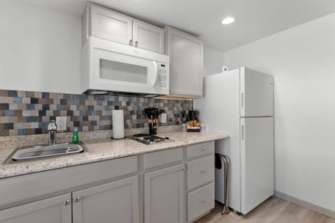 Junior Single Room, 1 Queen Bed, Kitchenette, Ground Floor | Private kitchen | Full-size fridge, microwave, stovetop, coffee/tea maker