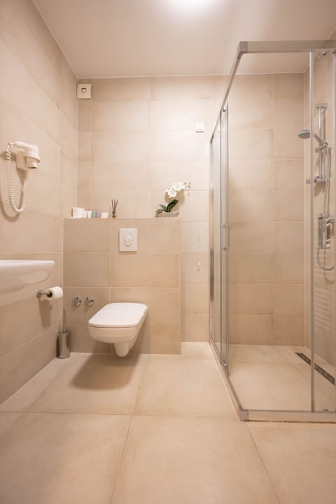 Comfort Double Room | Bathroom | Shower, towels, soap, shampoo