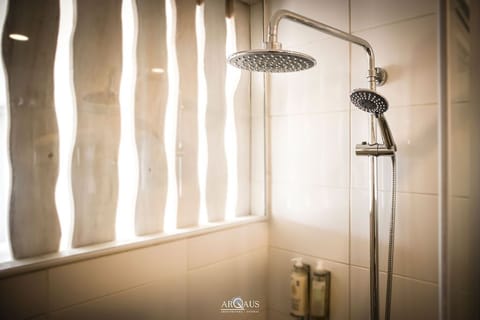 Shower, hydromassage showerhead, hair dryer, towels