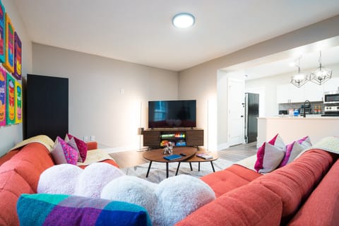 Make it a board game or movie night around the oversized corner couch.