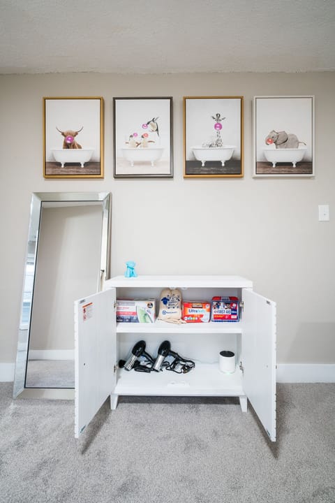 We provide an iron, dryer balls, dryer sheets, hair dryers, and a first aid kit.