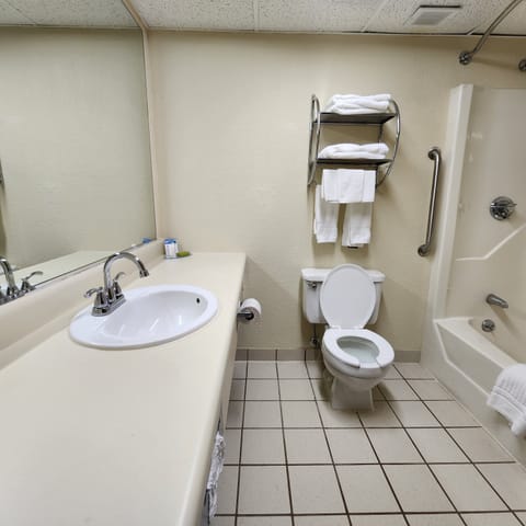 Combined shower/tub, free toiletries, hair dryer, towels