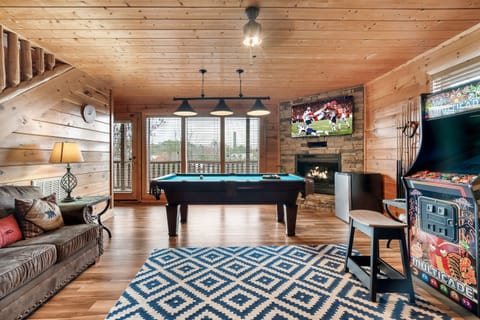 Pool table, arcade game, bunk beds