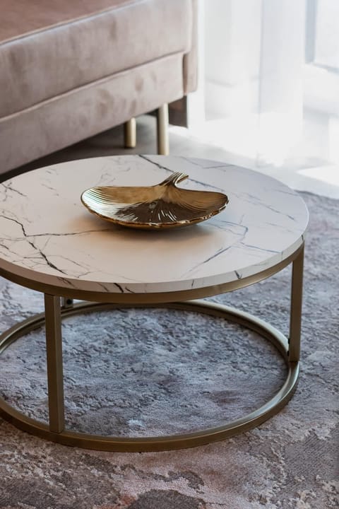 Close-up of a charming coffee table on which a decorative bowl rests.