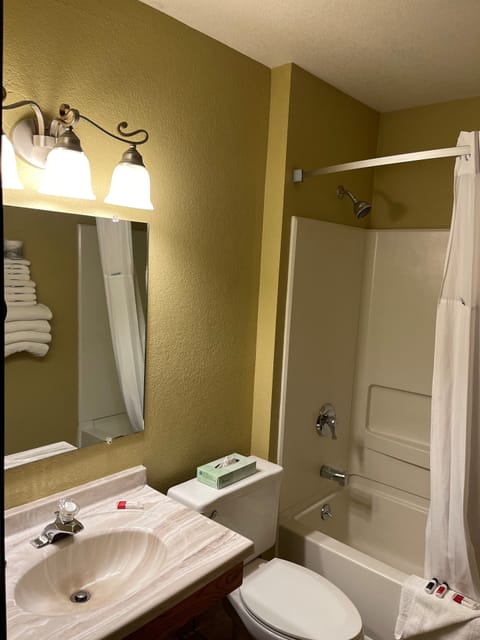 Combined shower/tub, free toiletries, hair dryer, towels