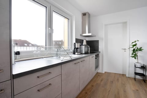 Panoramic Apartment | Private kitchen | Fridge, microwave, oven, stovetop