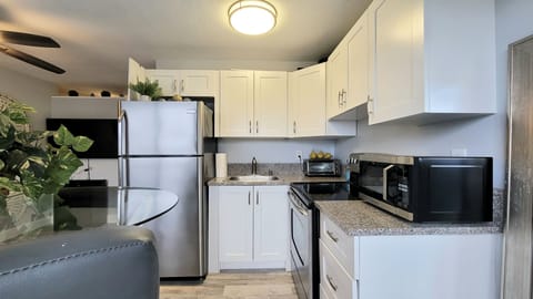 Premium Apartment | Private kitchen | Fridge, microwave, cookware/dishes/utensils, paper towels