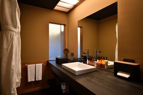 Japanese-style Room with Semi-Open-Air Bath {Uji}, Non Smoking | Bathroom | Separate tub and shower, spring water tub, rainfall showerhead