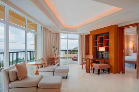 Suite, 1 King Bed, Balcony | Living room | 48-inch LCD TV with premium channels, TV, DVD player