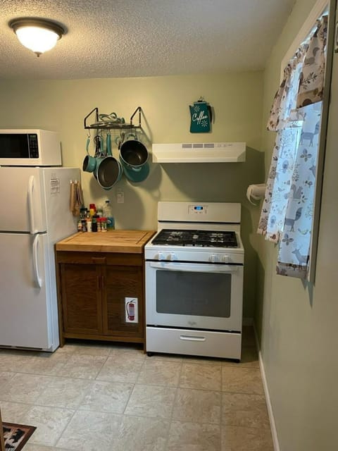 Our kitchen equipped with a gas range, a refrigerator, and a small pantry.