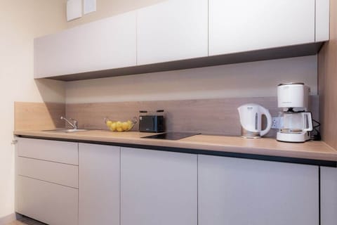 Fully equipped kitchenette with an induction hob, fridge, freezer, kettle, dishwasher, microwave, toaster, coffee maker and dining area