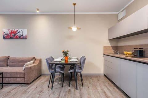 Fully equipped kitchenette with an induction hob, fridge, freezer, kettle, dishwasher, microwave, toaster, coffee maker and dining area