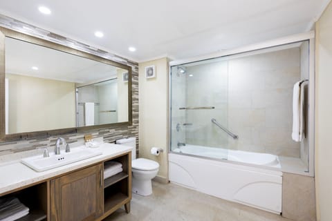 Combined shower/tub, free toiletries, hair dryer, bathrobes