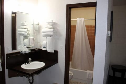 Combined shower/tub, hydromassage showerhead, hair dryer, towels