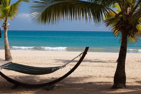 On the beach, sun loungers, beach umbrellas, beach towels