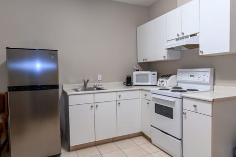 Suite, 1 Queen Bed, Non Smoking (One-Bedroom, Basement) | Private kitchen | Fridge, microwave, coffee/tea maker