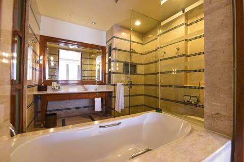 Separate tub and shower, free toiletries, hair dryer, bathrobes