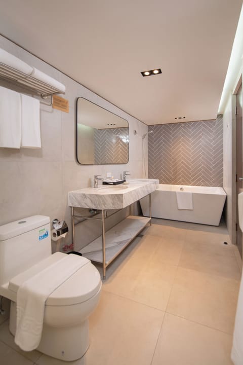 One Bedroom Suite | Bathroom | Shower, hydromassage showerhead, bathrobes, bidet