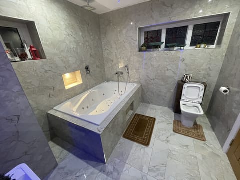Apartment | Bathroom | Combined shower/tub, deep soaking tub, towels, toilet paper