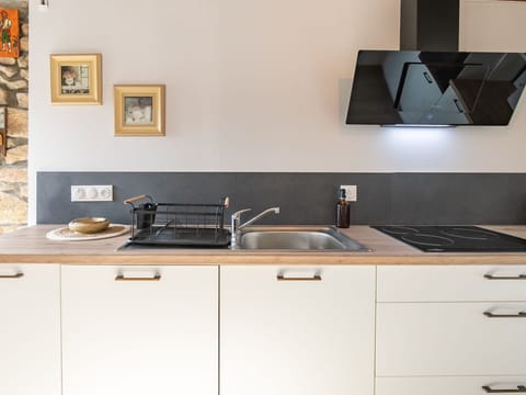 Kitchen, Kitchen Appliance, Countertop, Interior Design, Major Appliance, Flooring, Kitchen Stove, Wood, Cabinetry, Home Appliance