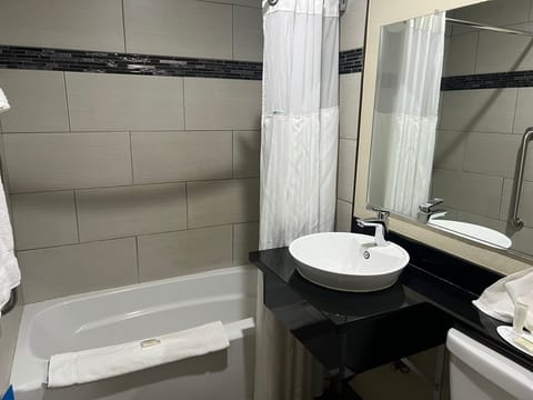 Combined shower/tub, free toiletries, hair dryer, towels