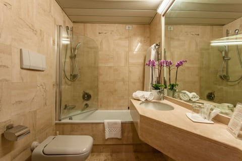 Combined shower/tub, hair dryer, bidet, towels