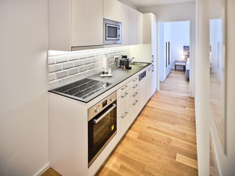 Basic Apartment | Private kitchen | Full-size fridge, microwave, oven, stovetop