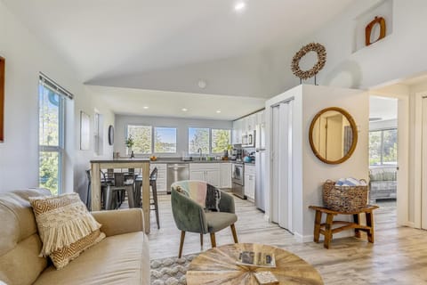 The open concept living, dining, and kitchen areas make it fun to travel with friends.