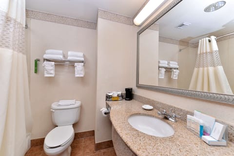 Combined shower/tub, deep soaking tub, free toiletries, hair dryer