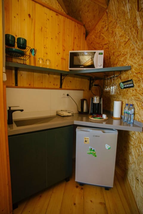 Mini-fridge, microwave, electric kettle, cookware/dishes/utensils