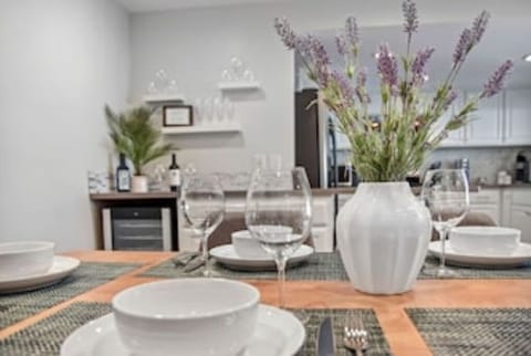 Wine fridge in the corner.