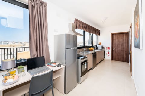 Panoramic Apartment | Private kitchen | Full-size fridge, microwave, oven, stovetop