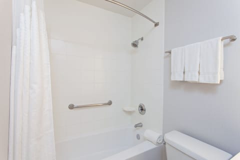 Combined shower/tub, eco-friendly toiletries, hair dryer, towels