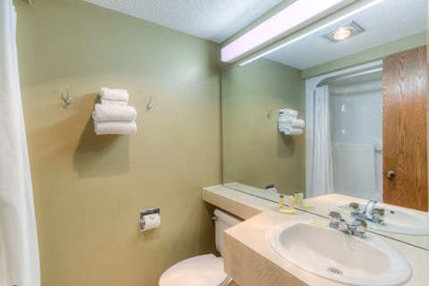 Combined shower/tub, free toiletries, hair dryer, towels