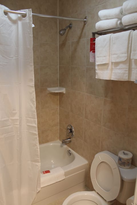 Combined shower/tub, deep soaking tub, designer toiletries, towels