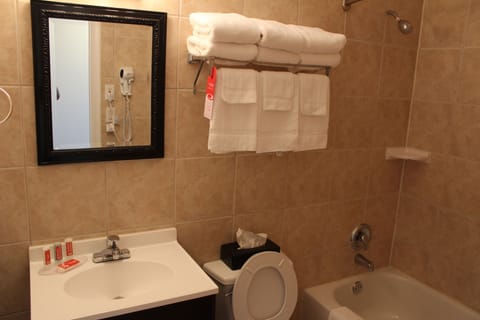 Combined shower/tub, deep soaking tub, designer toiletries, towels