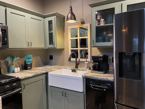 Farmhouse sink, Keurig Single or Full pot coffee maker, full sized Refrigerator