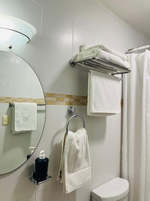 Shower, rainfall showerhead, hair dryer, towels