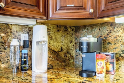 Soda stream, coffee maker and the essentials. Coffee pods provided initially