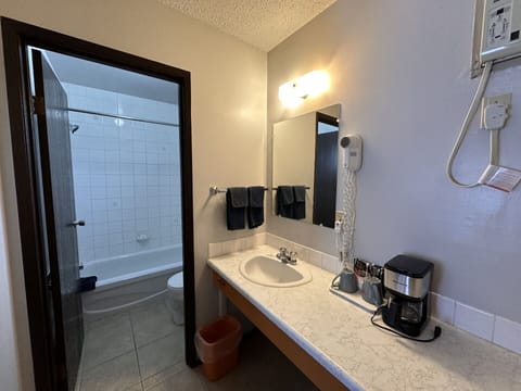 Combined shower/tub, free toiletries, hair dryer, towels