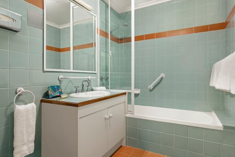 Combined shower/tub, hair dryer, towels, soap